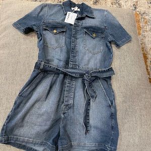 Short dark blue FRAME DENIM romper with waist tie.